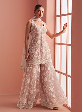 Mauve Net Embroidered Sequins Beads Work Palazzo Suit