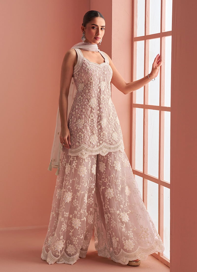 Mauve Net Embroidered Sequins Beads Work Palazzo Suit Festive Wear