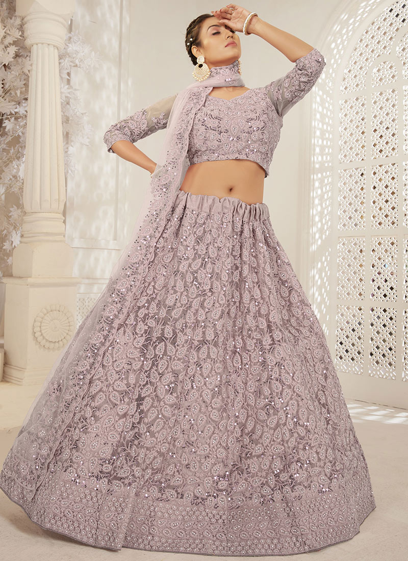 Mauve Net Embroidered Umbrella Lehenga Festive Wear