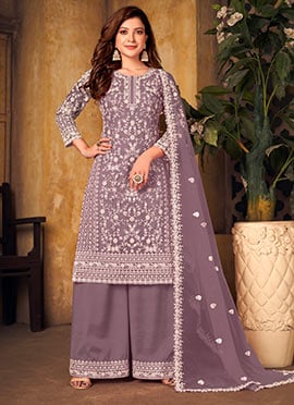 Mauve Net Embroidery Palazzo Suit