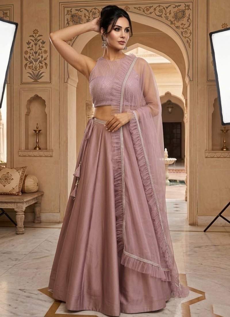 Mauve Net Hand Embroidered Sequins Lehen Wedding Wear
