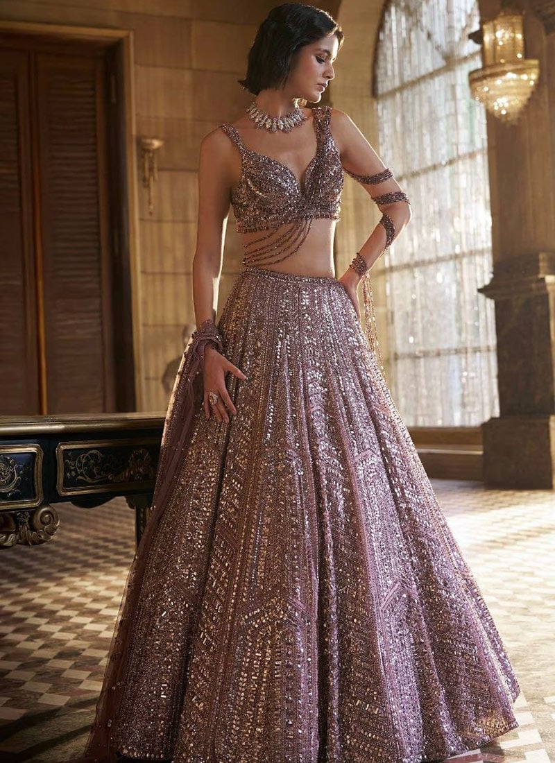 Mauve Net Sequins Embellished Lehenga Wedding Wear