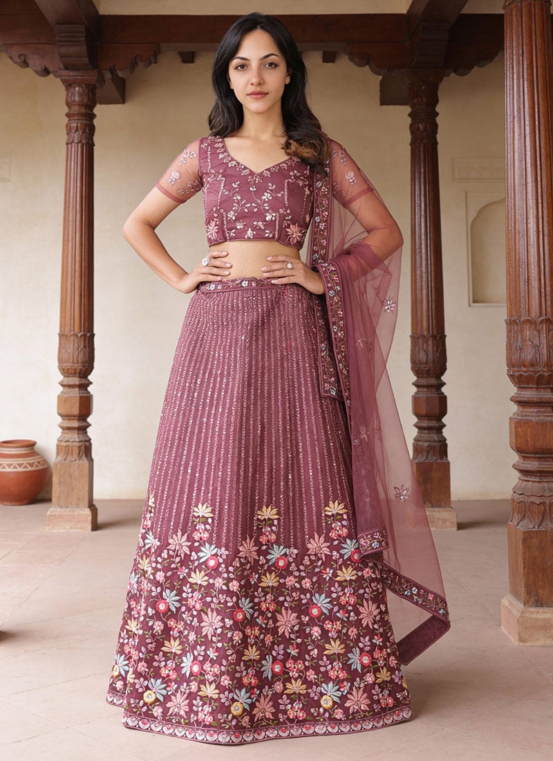 Mauve Net Sequins Embroidered A Line Lehenga Wedding Wear