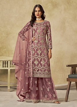 Mauve Net Sequins Palazzo Suit