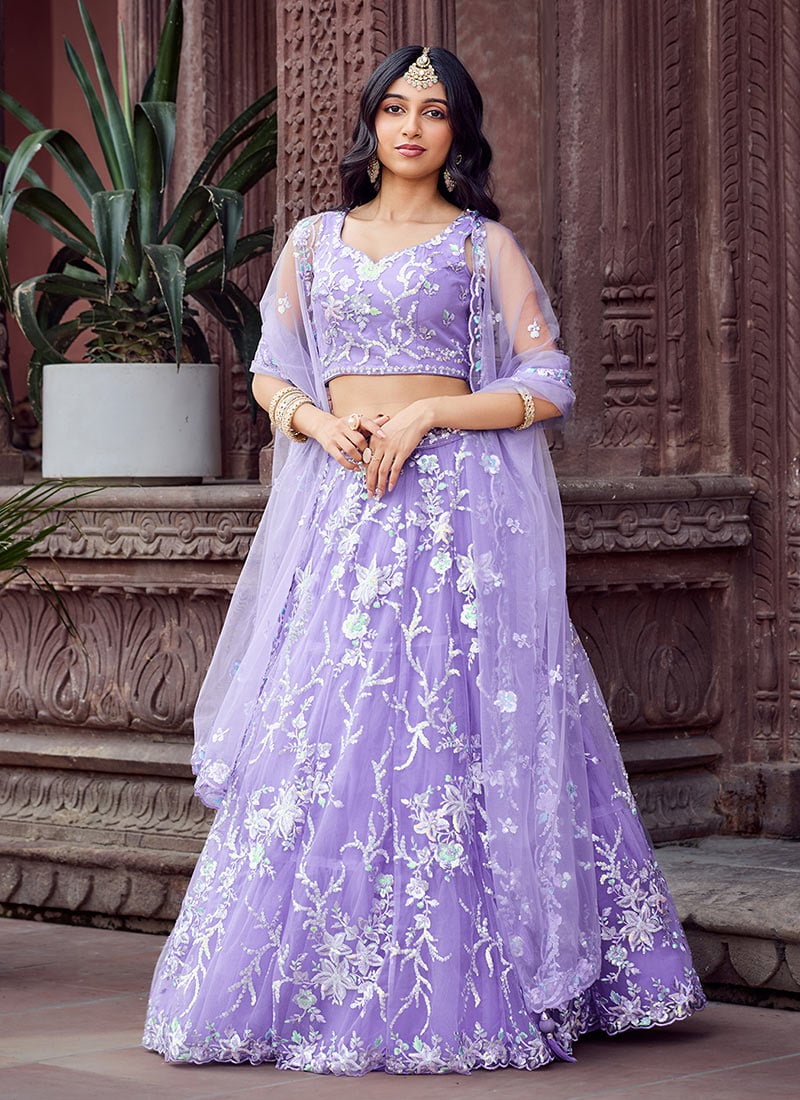 Mauve Net Zari Embroidered Sequins Lehenga