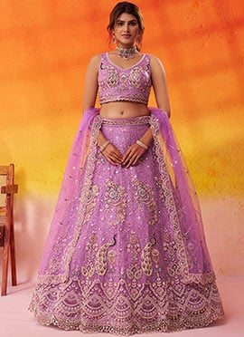 Mauve Net Zari Embroidered Sequins With Beads Work Lehenga
