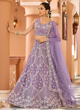 Light Purple Net Zari Embroidered Sequins With Stone Work Lehenga