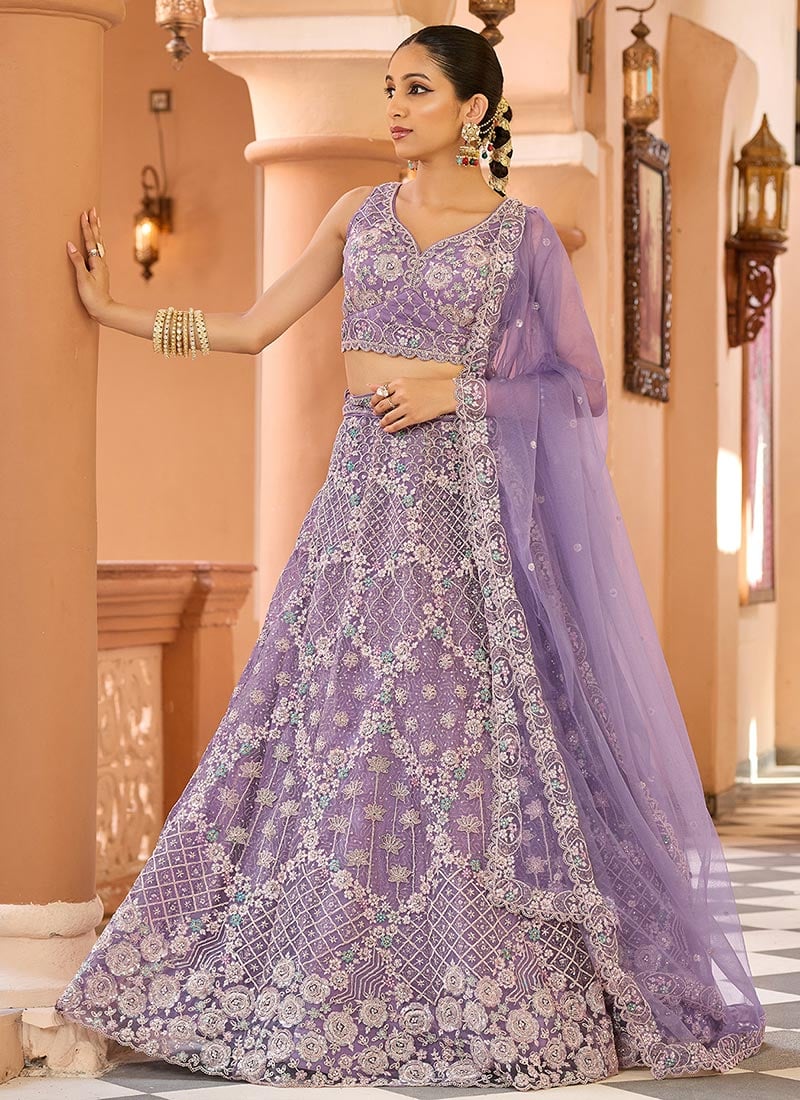 Mauve Net Zari Embroidered Sequins With Stone Work Lehenga Wedding Wear