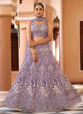 Mauve Net Zari Embroidered Sequins With Stone Work Lehenga