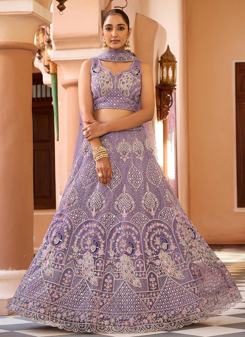 Mauve Net Zari Embroidered Sequins With Stone Work Lehenga Wedding Wear