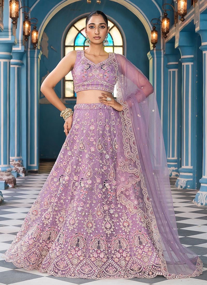 Mauve Net Zari Embroidered Sequins With Stone Work Lehenga Wedding Wear