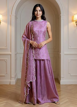 Mauve Organza Hand Embroidered Sequins With Beads Work Palazzo Suit
