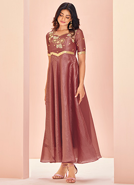 Mauve Organza Hand Work A Line Dress