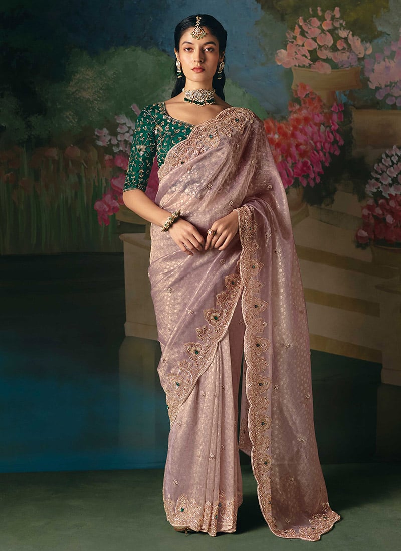 Mauve Organza Silk Embroidered Sequins With Beads And Stone Work Saree Wedding Wear