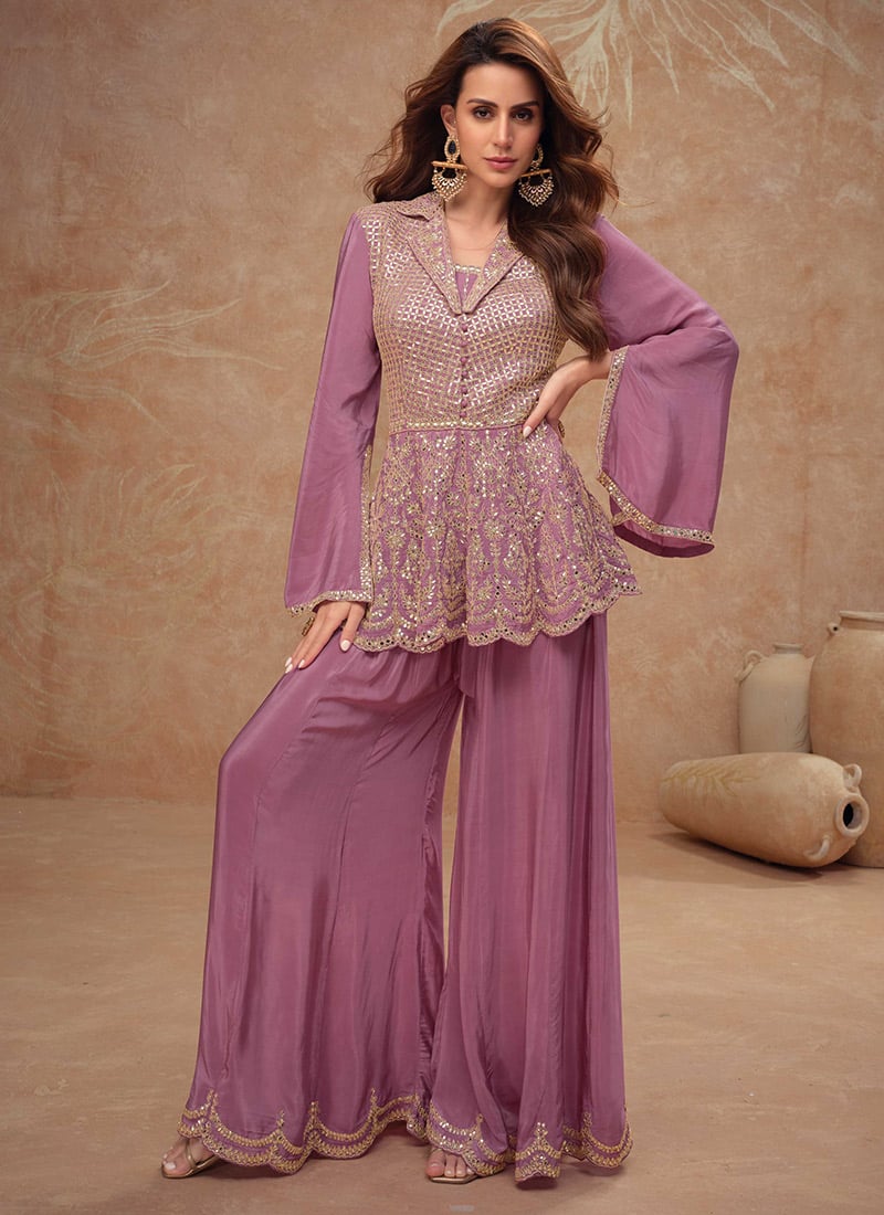 Mauve Pink Chinon Gota Indowestern Stylish Peplum Top Palazzo Set Wedding Wear