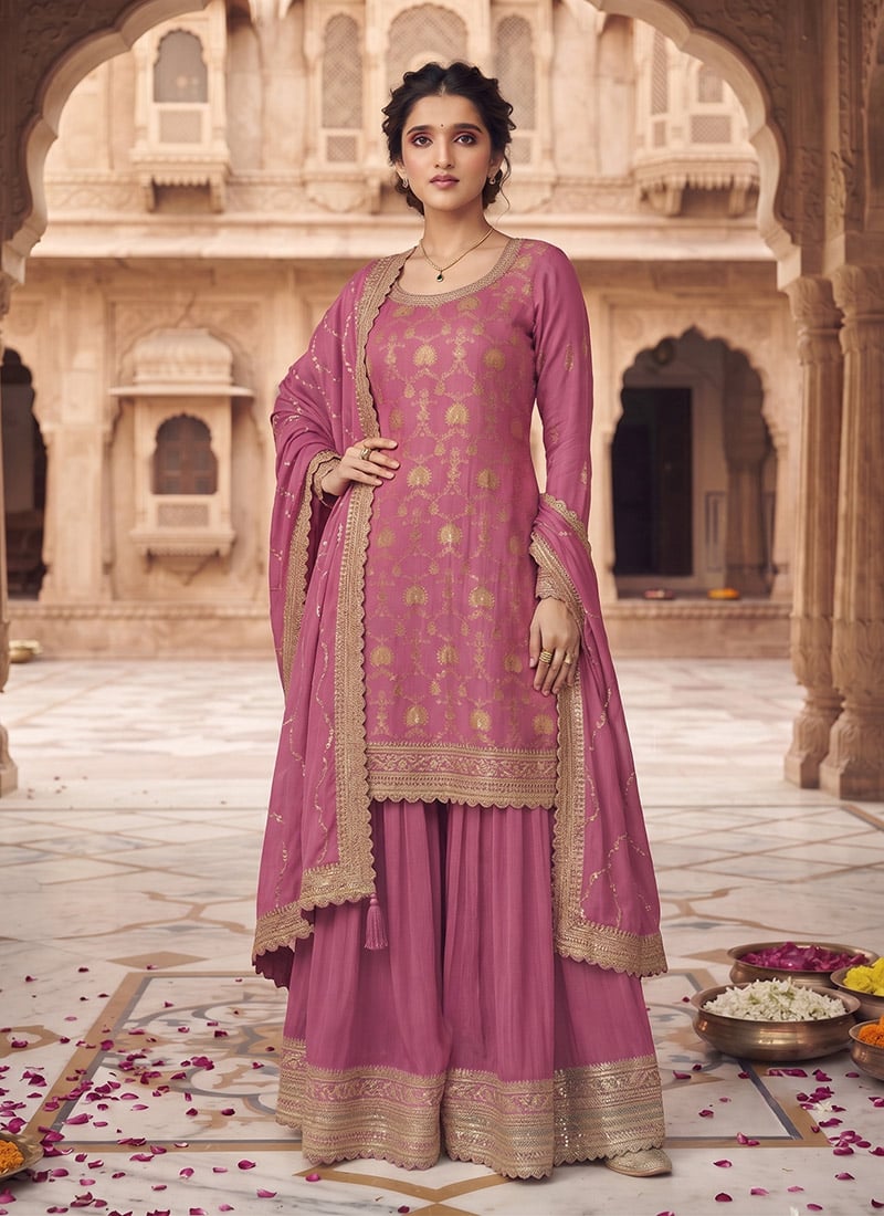 Mauve Pink Chinon Jacquard Embroidered Palazzo Suit Festive Wear