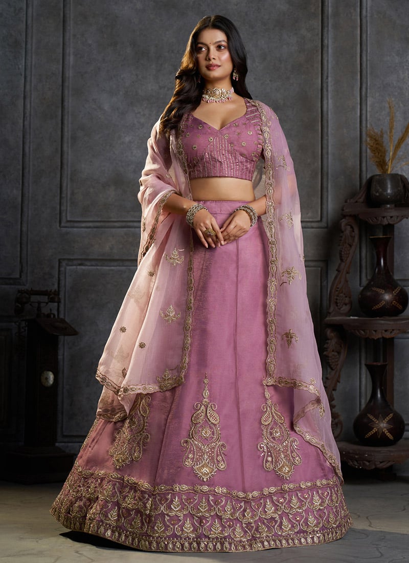 Mauve Pink Zari Sequin Embroidered Lehenga Wedding Wear