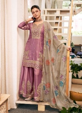 Mauve Pink Zari Sequins Embroidered Silk Palazzo Suit