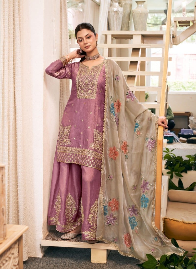 Mauve Pink Zari Sequins Embroidered Silk Palazzo Suit Festive Wear