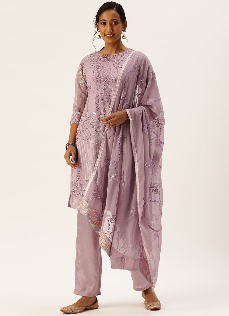 Mauve Poly Georgette Sequins Embroidered Straight Pant Suit Party Wear
