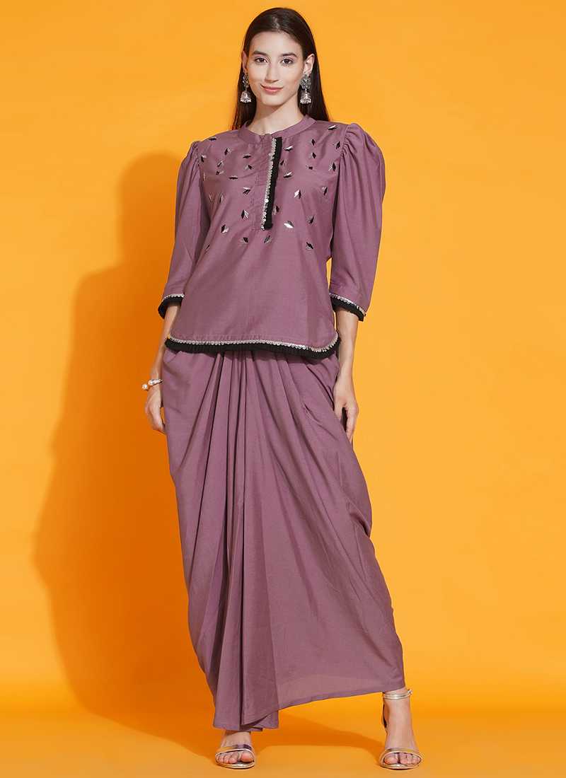 Buy Mauve Polyester Hand Work Skirt Set Party Wear, Hand Work, kurta