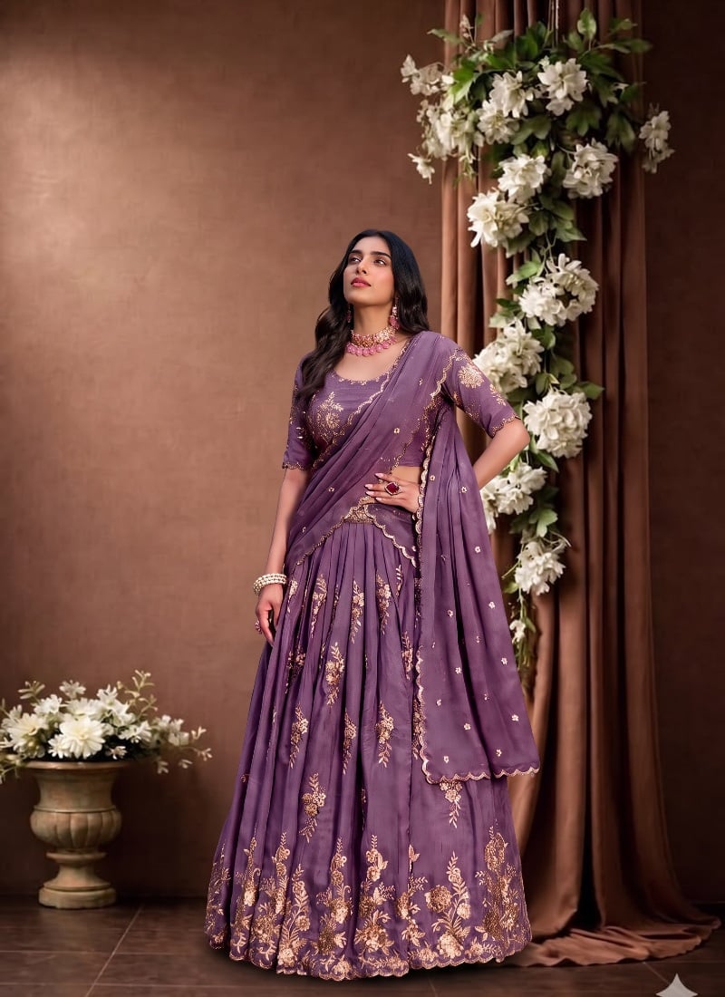Mauve Purple Crush Sequins Embroidered Lehenga After Six Wear