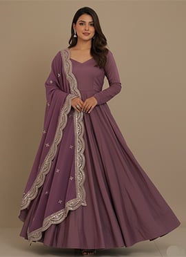 Mauve Roman Silk Chanderi Embroidered Sequins Anarkali Suit