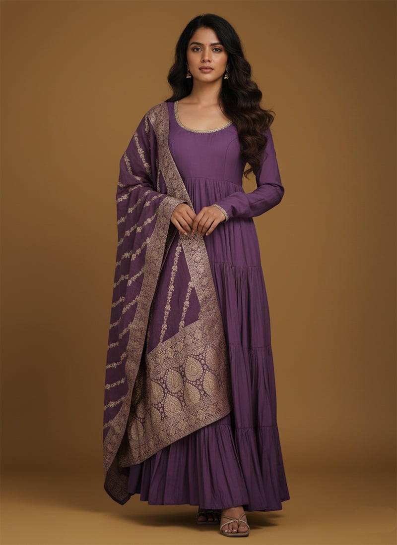 Mauve Roman Silk Chanderi Jacquard Anarkali Suit Festive Wear
