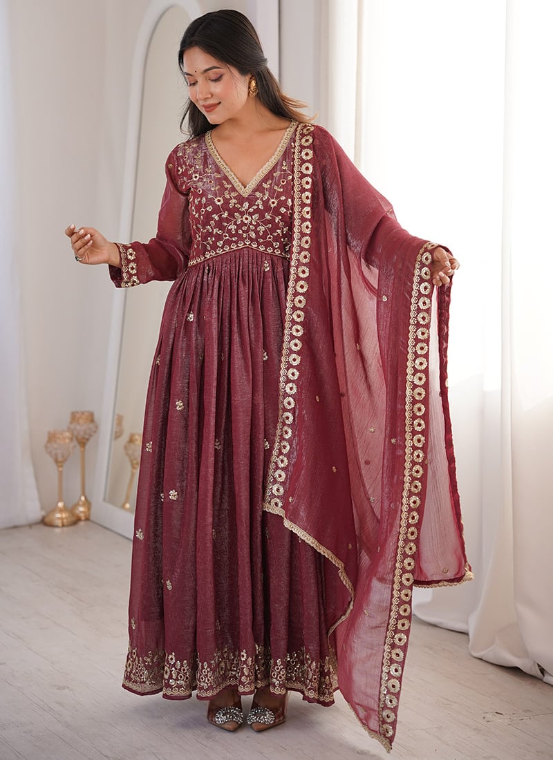 Mauve Sequins Embroidered Crunchy Silk Anarkali Suit Festive Wear