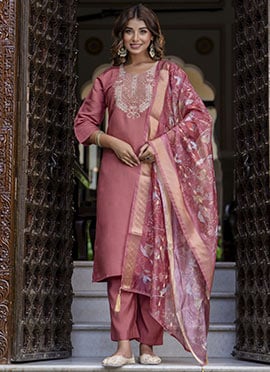 Mauve Silk Blend Embroidered Straight Pant Suit