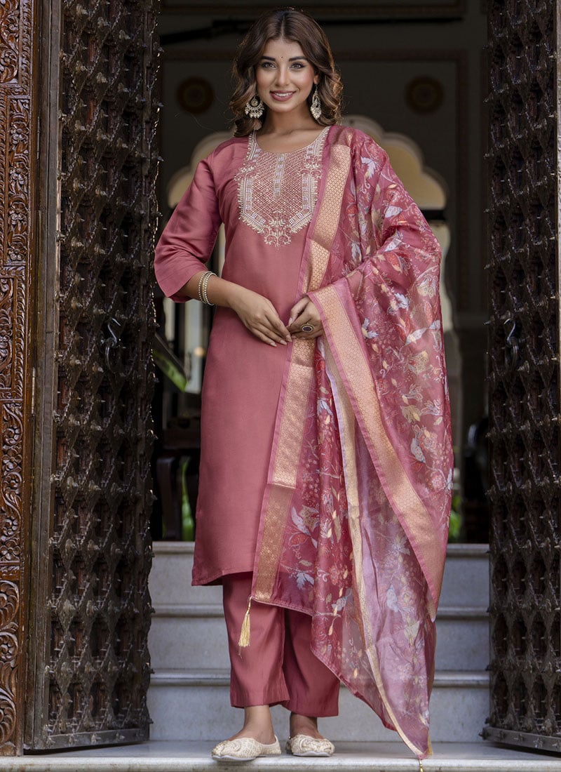Mauve Silk Blend Embroidered Straight Pant Suit Festive Wear