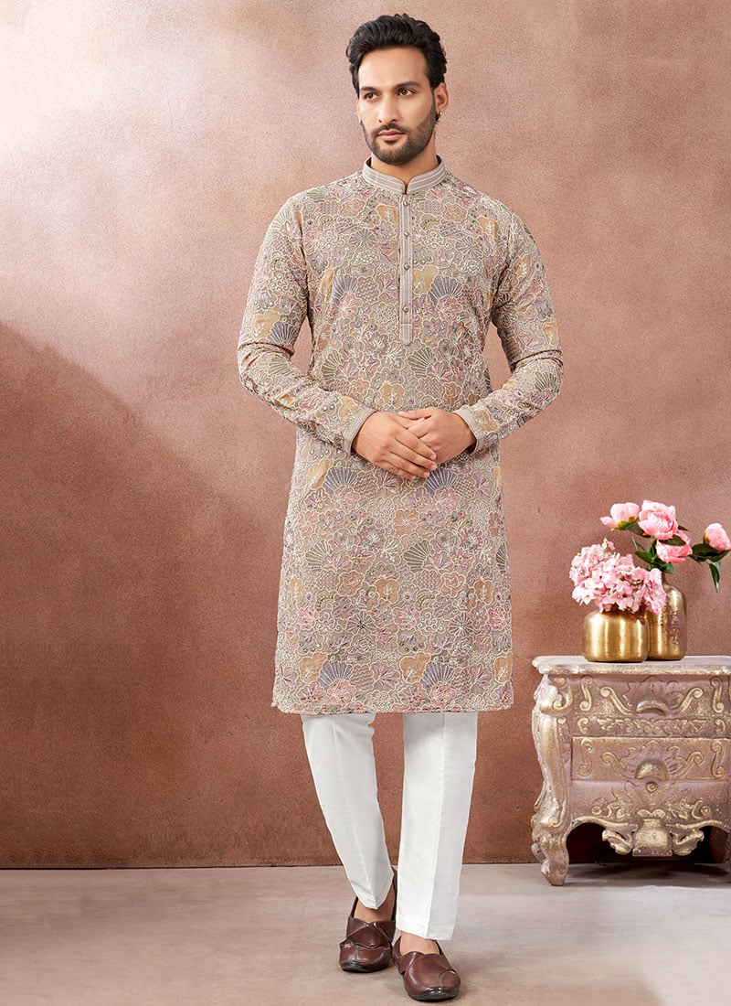 Mauve Silk Embroidered Sequins Thread Kurta Pyjama Festive Wear