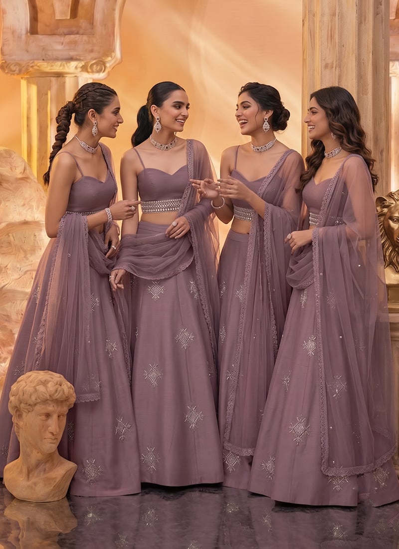 Mauve Silk Hand Embroidered Sequins Cutdana Work Lehenga Wedding Wear