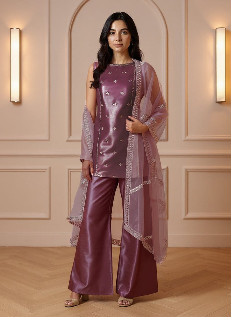 Mauve Silk Organza Zari Hand Embroidered Mirror Work Palazzo Suit