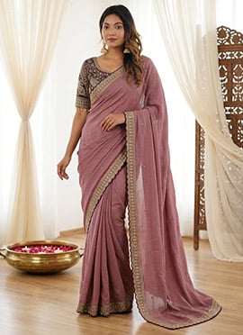 Mauve Silk Zari Embroidered Sequins Saree