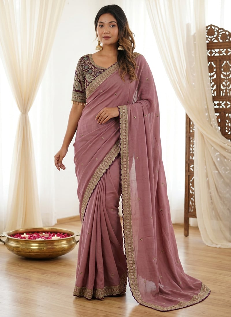 Mauve Silk Zari Embroidered Sequins Saree Festive Wear