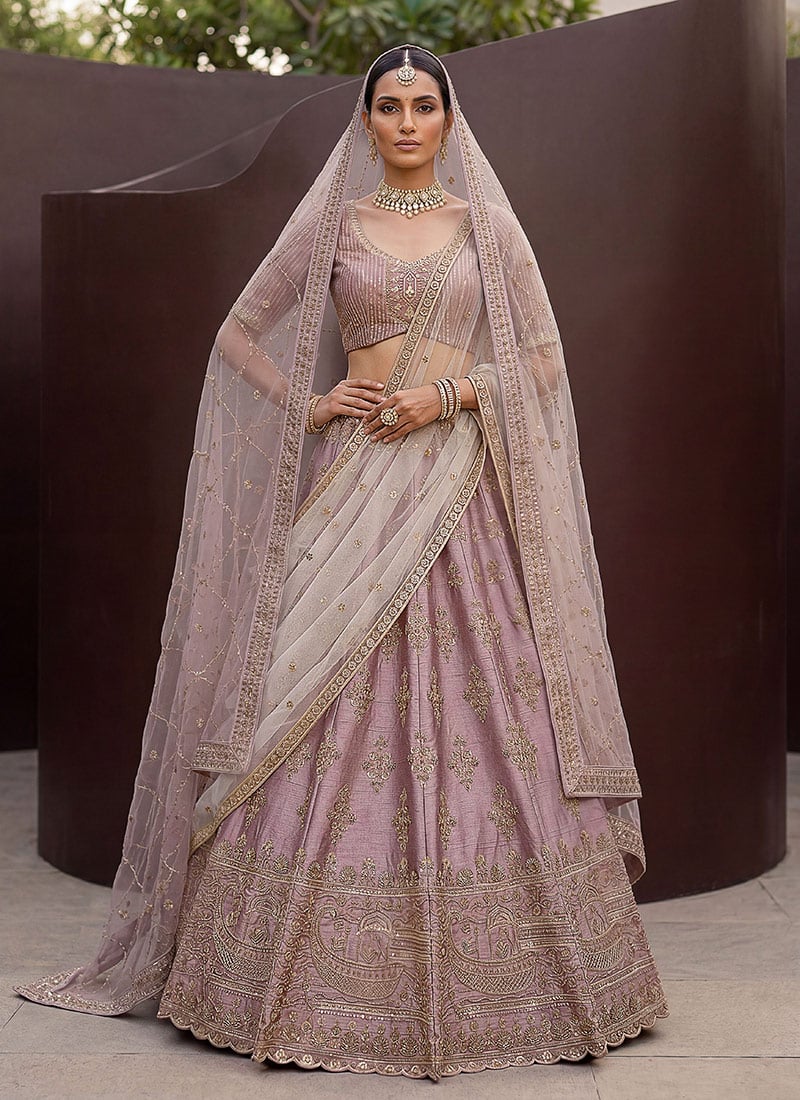 Mauve Silk Zari Hand Embroidered Sequins Lehenga Wedding Wear