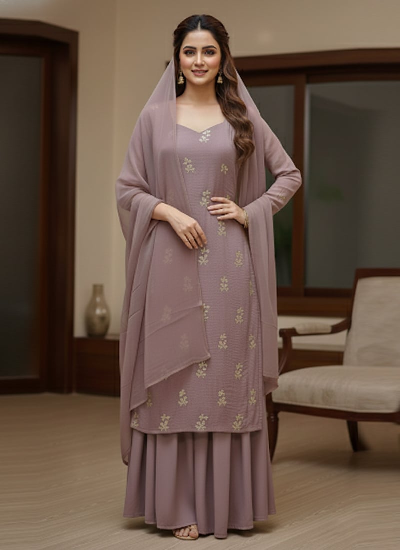 Mauve Silk Zari Palazzo Suit Festive Wear