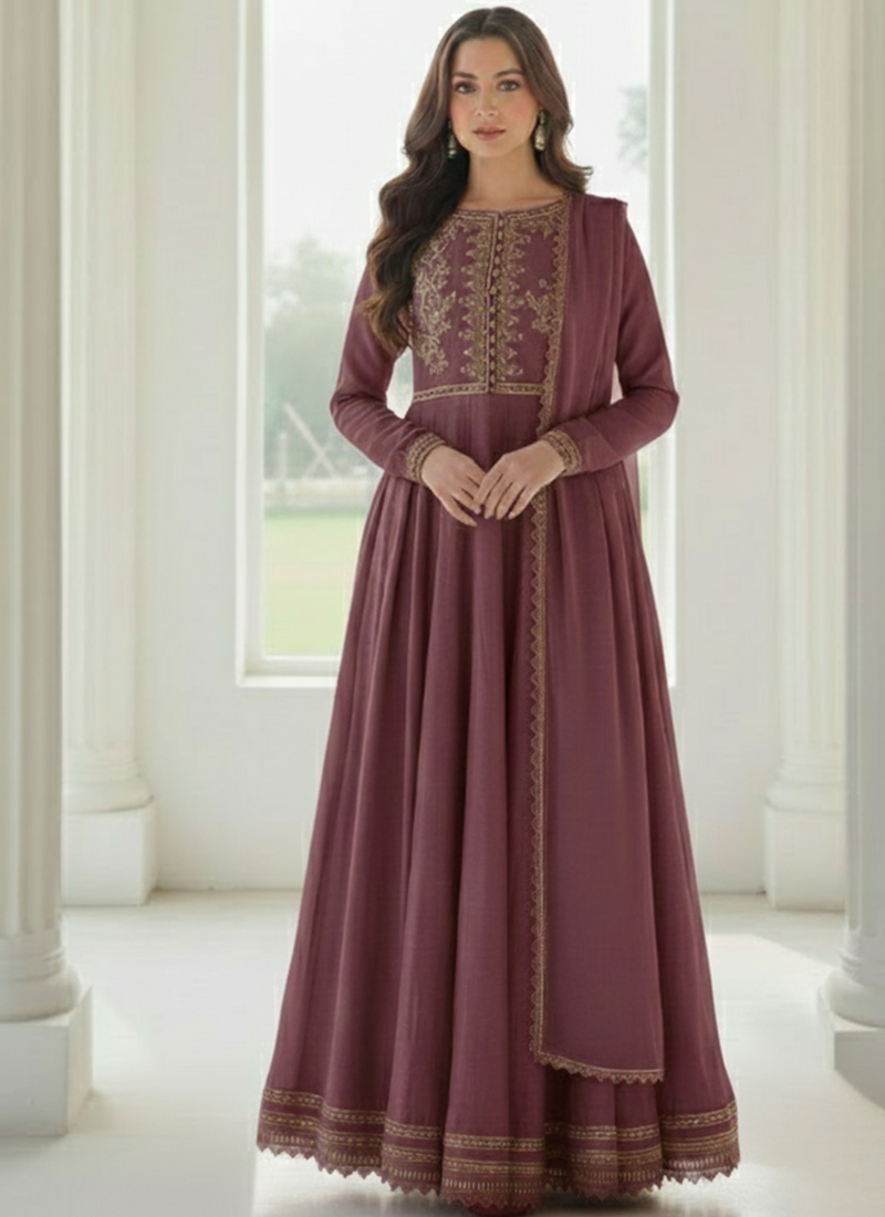 Mauve Silk Zari Sequins Anarkali Suit Festive Wear
