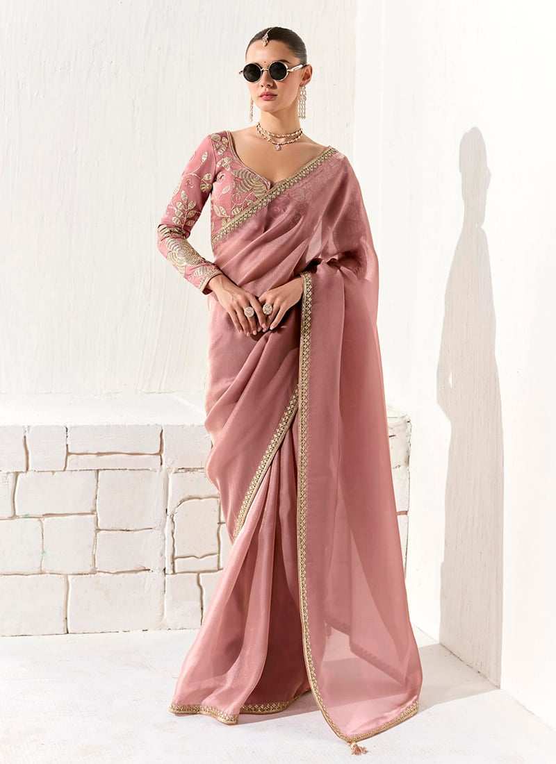 Mauve Tissue Zari Hand Embroidered Sequins Saree