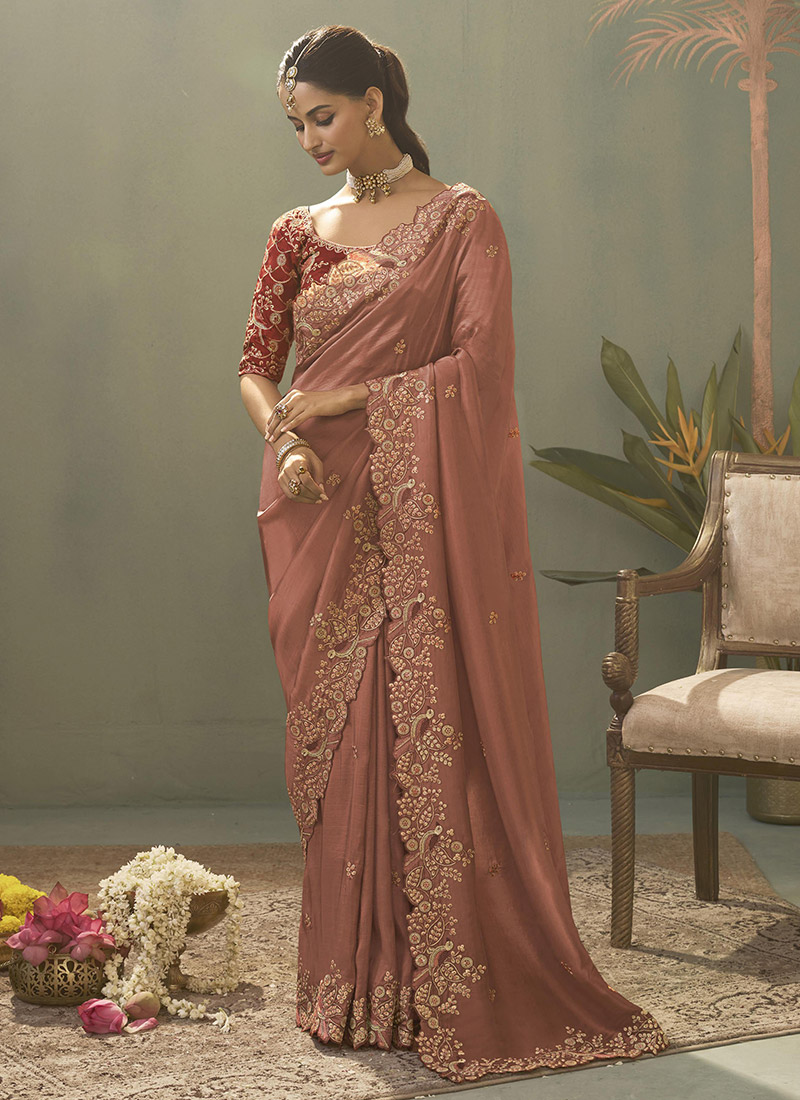 Mauve Upada Silk Zari Sequins Resham Embroidered Saree Wedding Wear