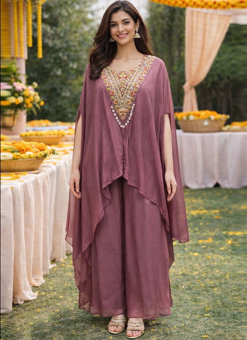 Mauve Viscose Chinon Hand Embroidered Indowestern Sets and Suits After Six Wear