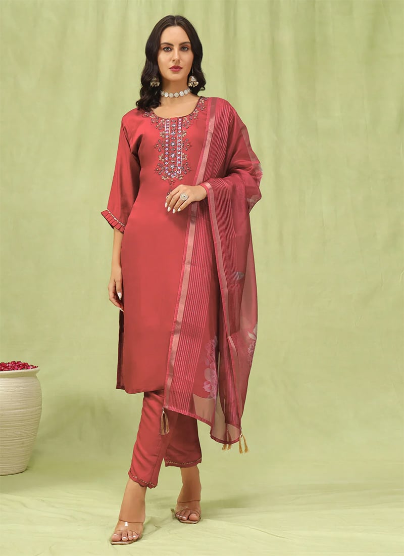 Mauve Viscose Roman Silk Embroidered Straight Pant Suit After Six Wear