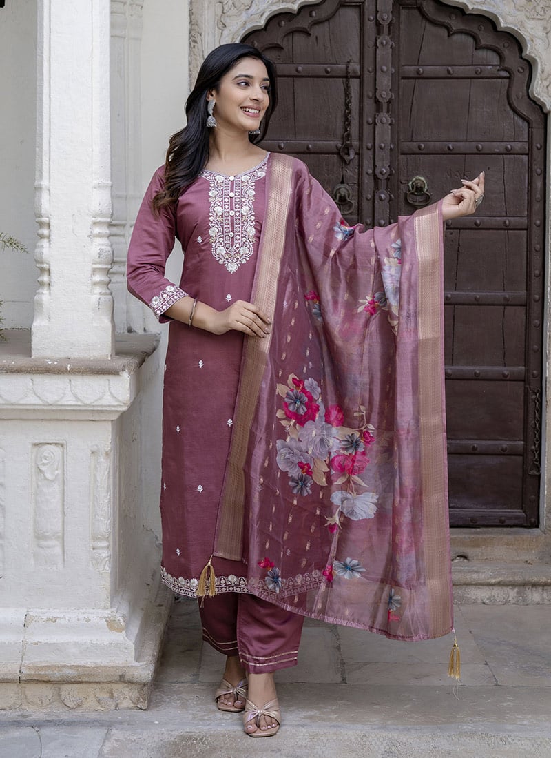 Mauve Viscose Roman Silk Zari Embroidered Sequins Digital Print Straight Pant Suit Festive Wear