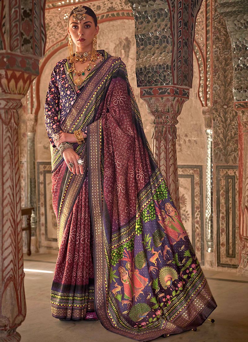 Mauve Viscose Silk Rajwadi Print Saree Perfect For Ethnic Gatherings Festive Wear