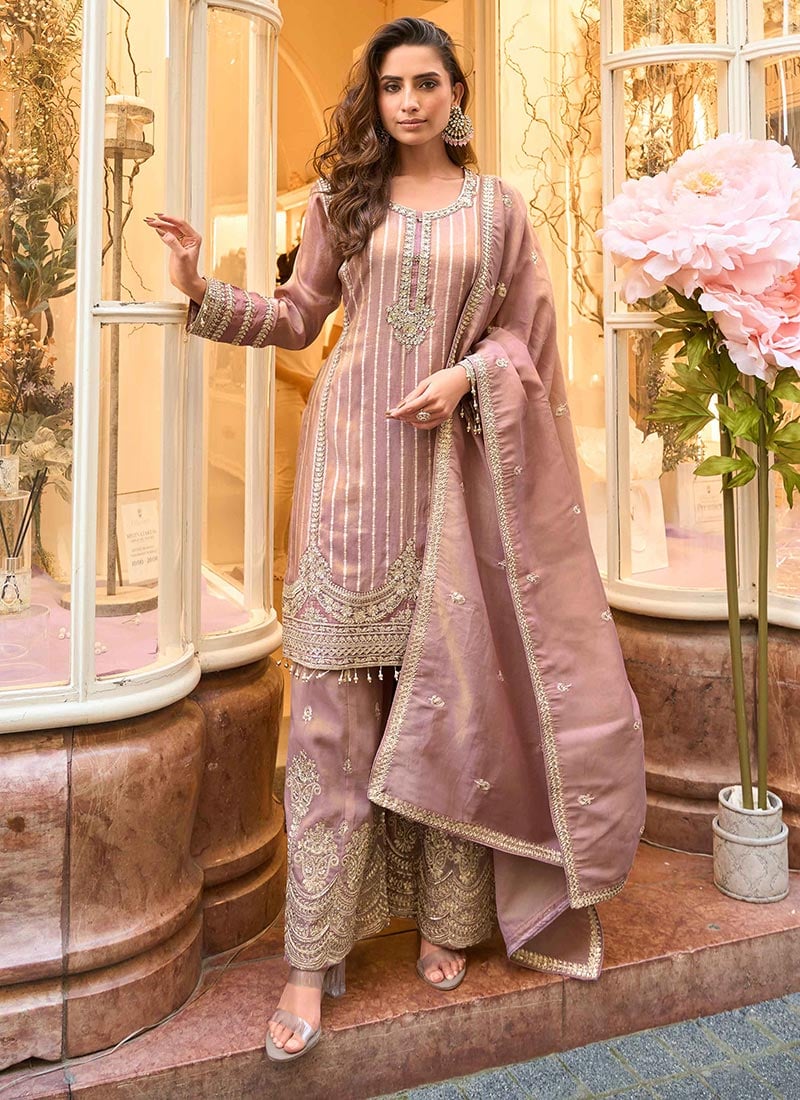 Mauve Viscose Zari Embroidered Sequins Sharara Suit Festive Wear