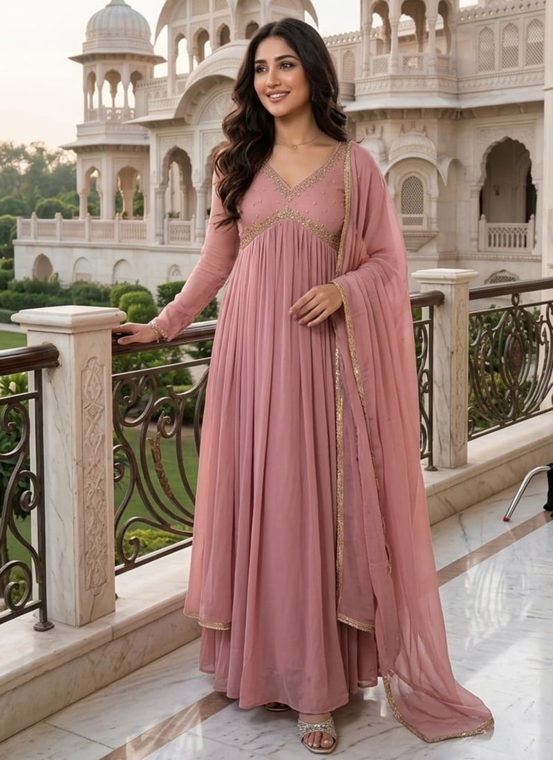 Mauve Zari Sequins Georgette Anarkali Suit Wedding Wear