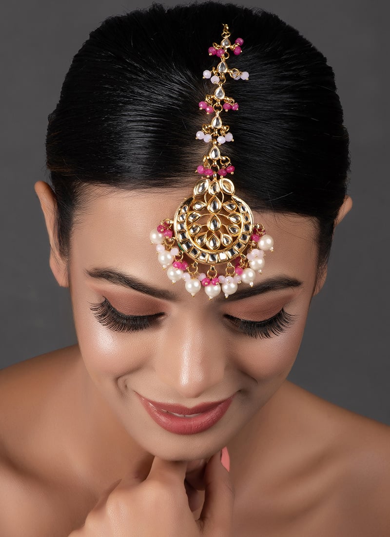 Meenakari Dual Sided Wearable Pink Kundan And Beads Work Maangtikka After Six Wear