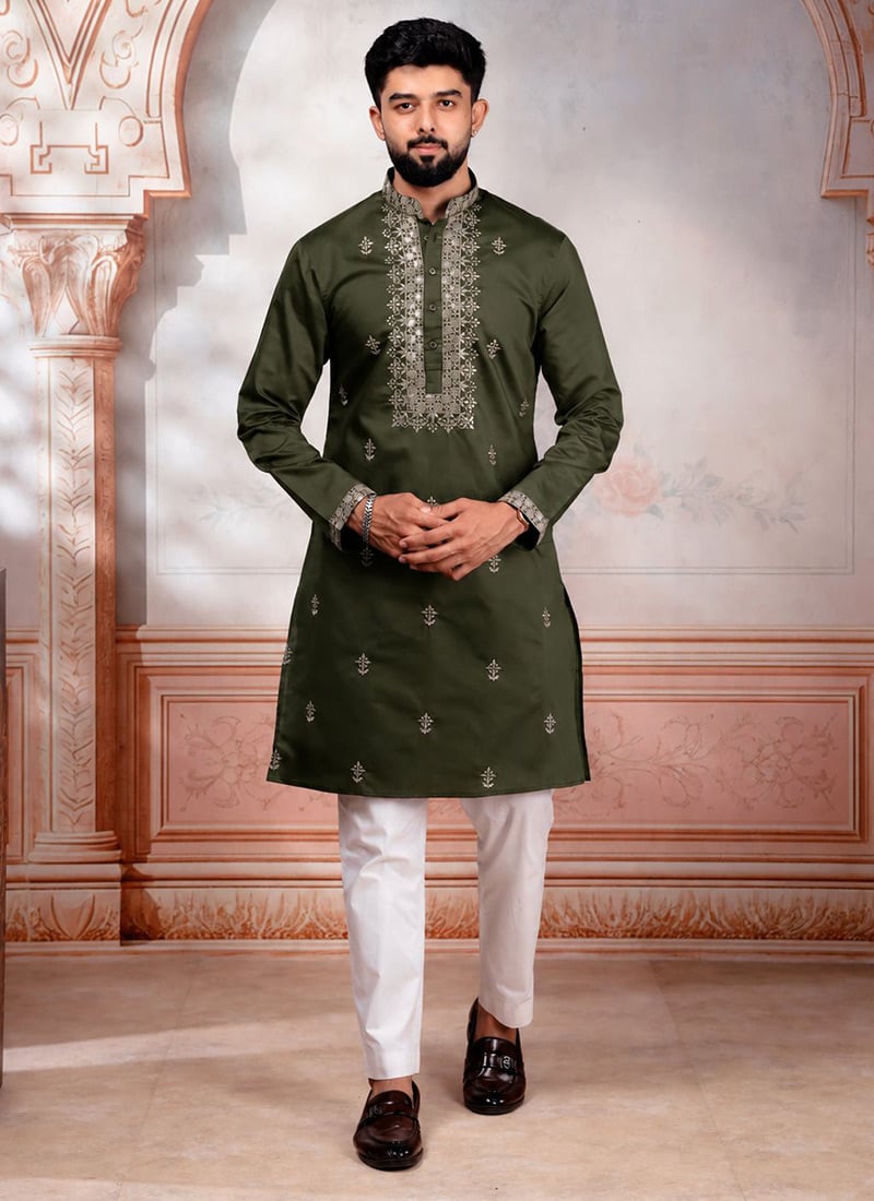 Mehendi Cotton Embroidered Kurta Pyjama For Men Festive Wear