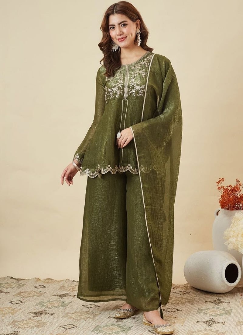 Mehendi Crunchy Silk Sequins Zari Palazzo Suit After Six Wear